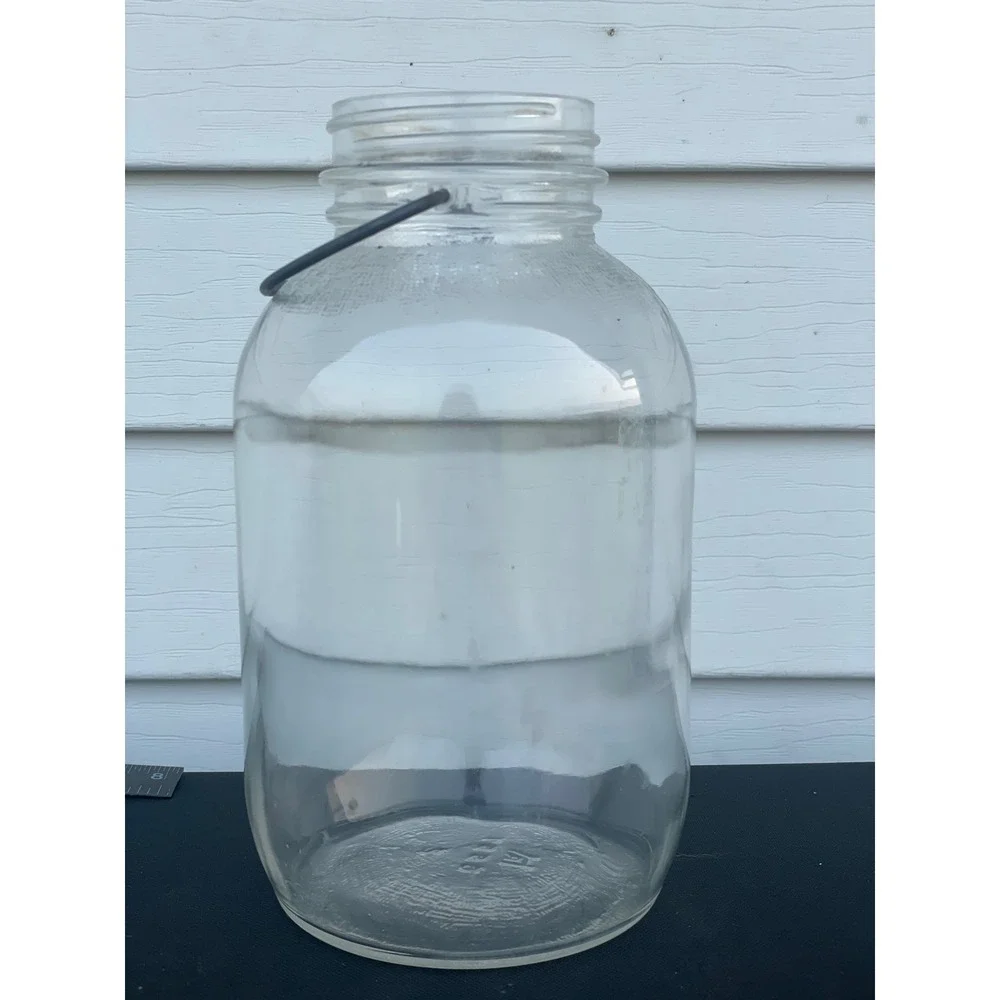Hazel-Atlas Vintage Glass Jar with Wire Bail Handle Clear Pebbled Shoulder 8in